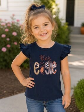 Girls Navy 'War Eagle' Ruffle Sleeve Tank Top -